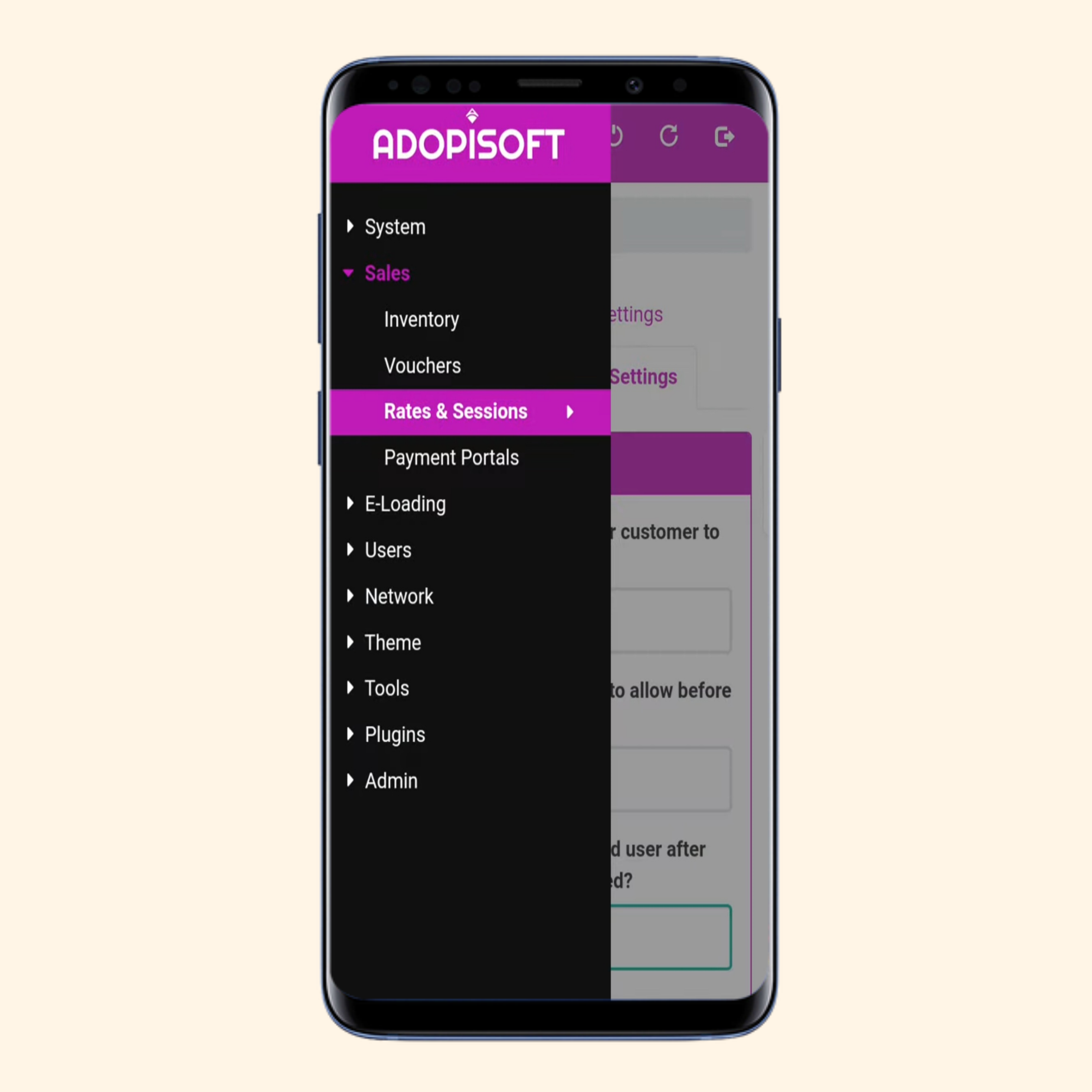 Rates and Sessions Settings Menu on AdoPiSoft Admin Menu