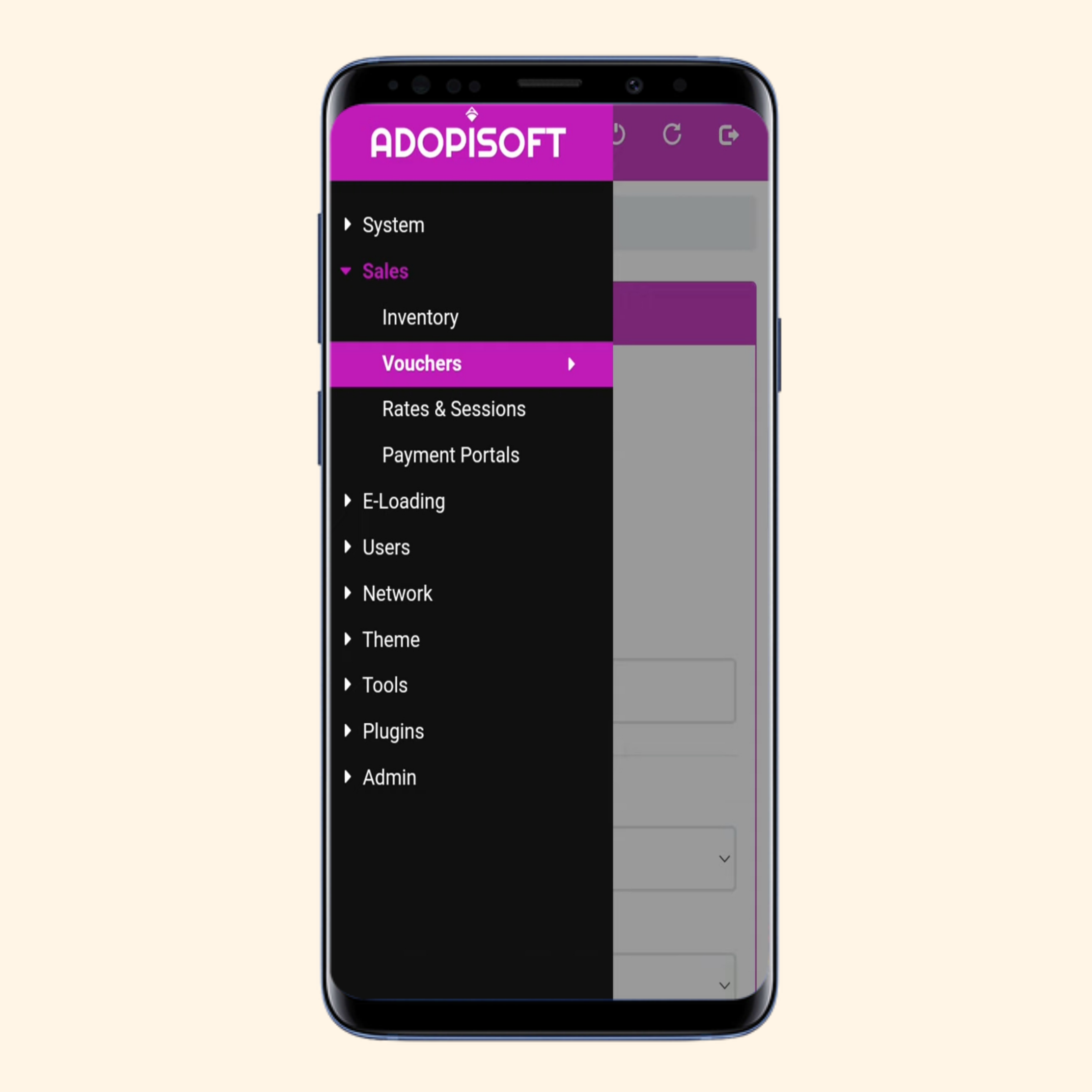 Voucher Menu on Settings on AdoPiSoft Admin Menu