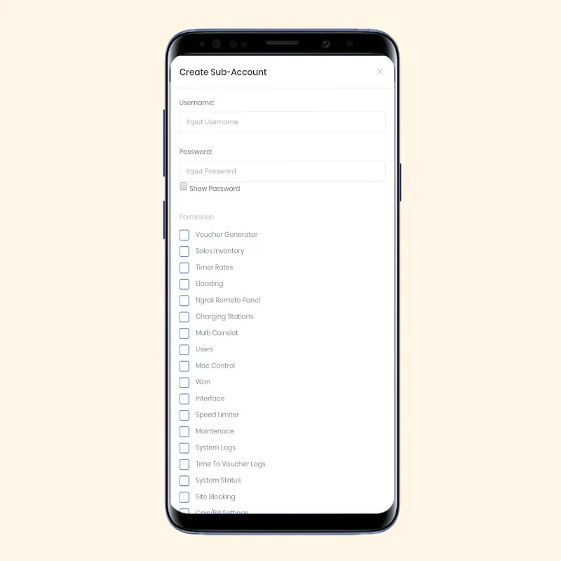 Username and Password Input Boxes and Permissions for Sub Account on Piso WiFi
