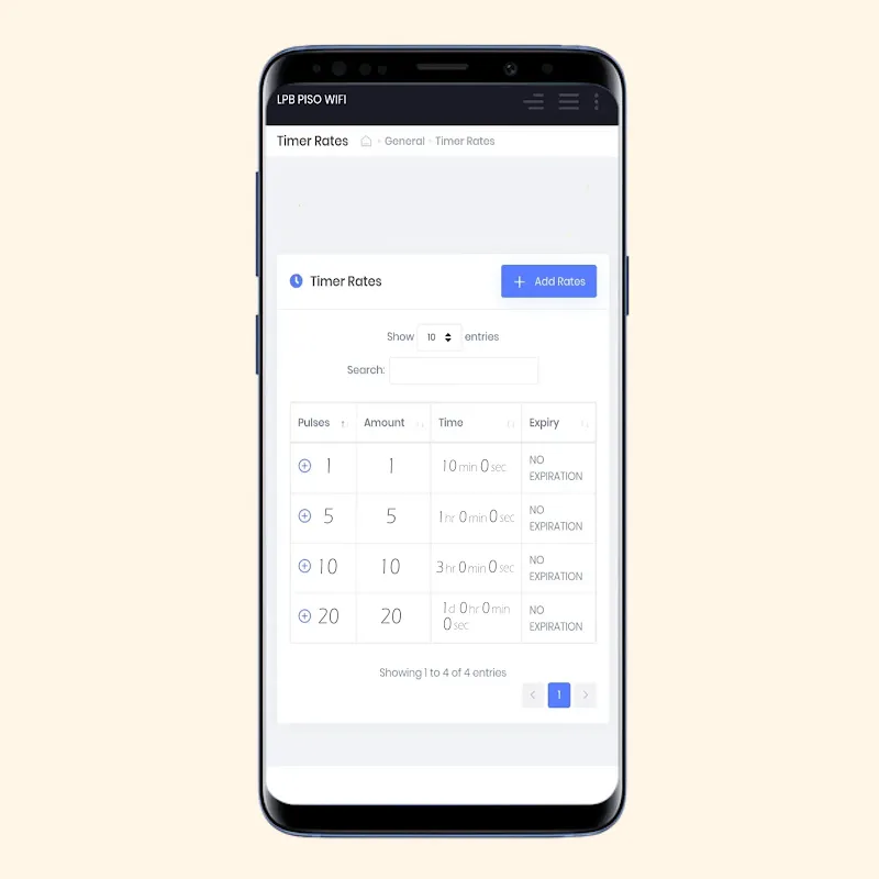 Timer Rates List and + Add Timer Button on Piso WiFi
